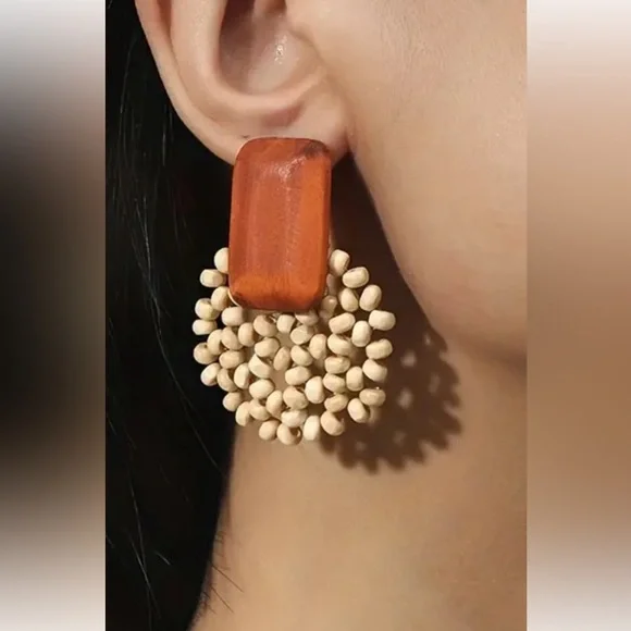 Bohemian Hand-Woven Geometric Wooden Earrings - Picture 2 of 3